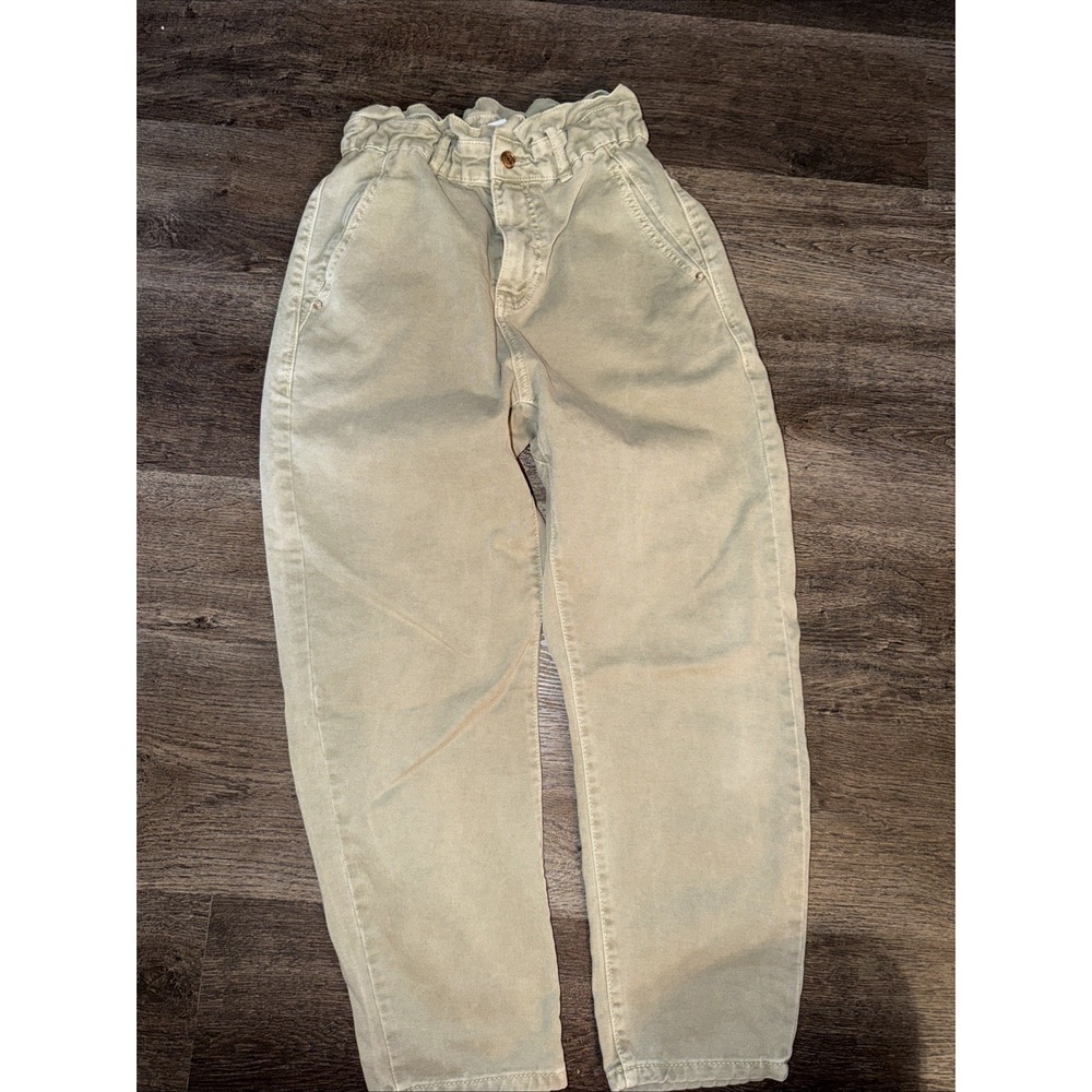Zara_Women's Sage Green Paperbag Waist Barrel Leg Jeans, Size 4 US,